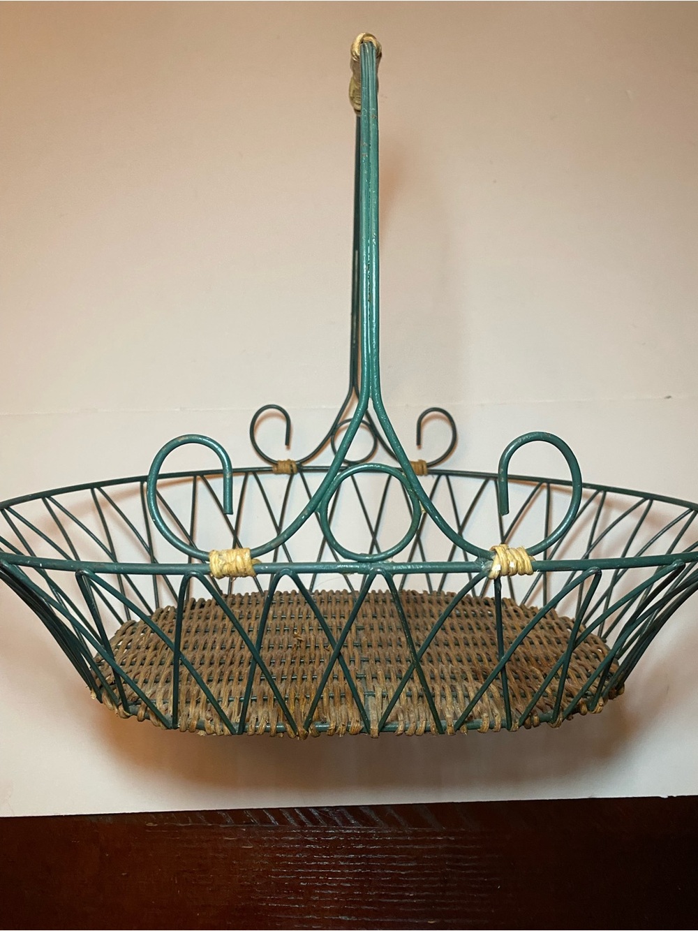 Storage, Green Wire and wicker Basket, kitchen Home Accents